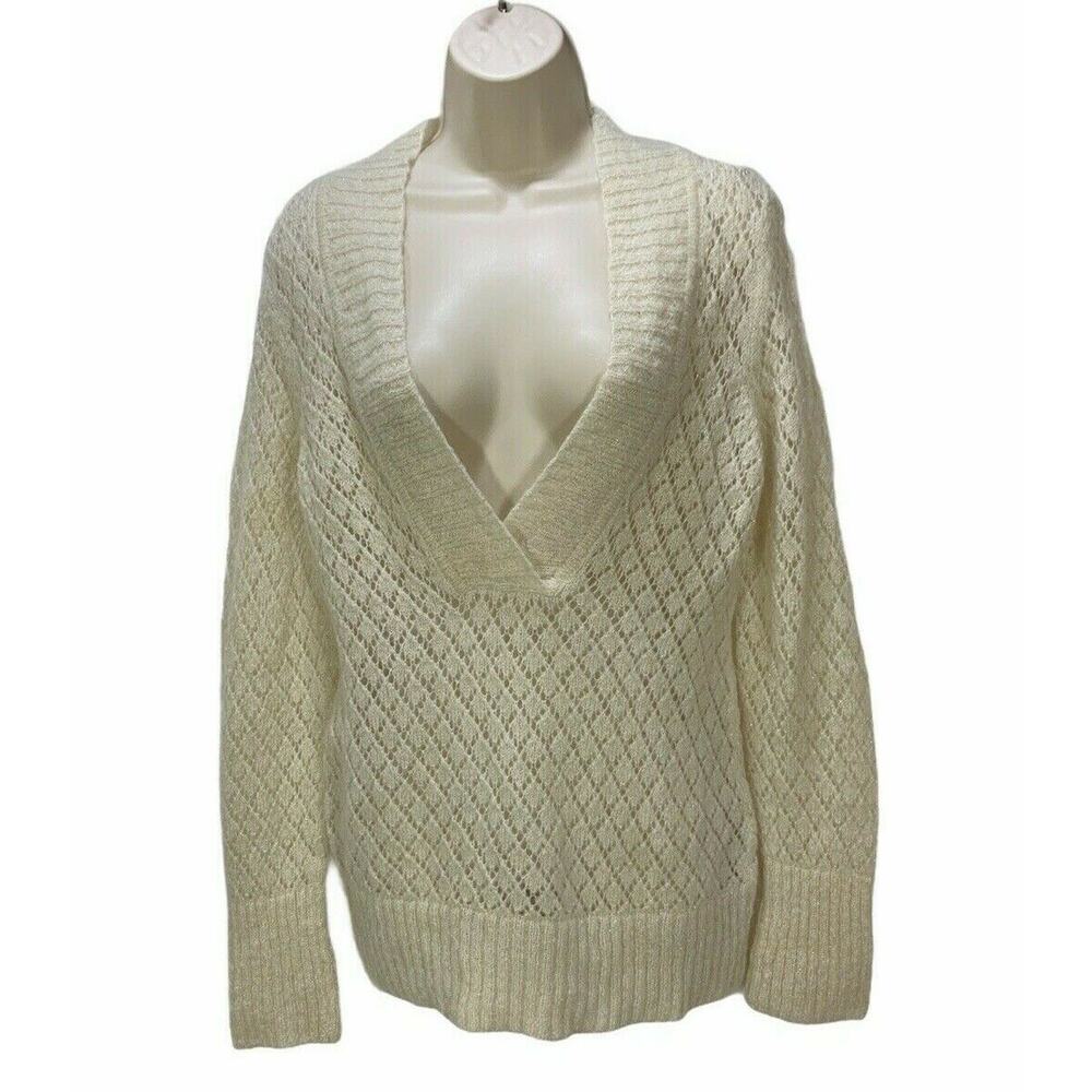 Ann Taylor Loft Sweater Size Large Long Sleeve Beige Crochet Pullover V Neck